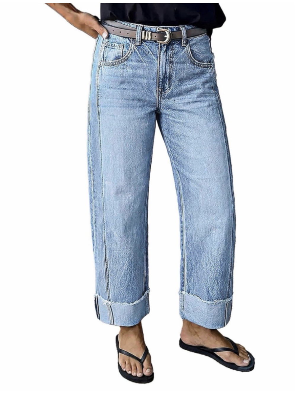 Flamingals Wash Seam Front Roll Raw Hem Mid Rise Straight Leg Jeans XL